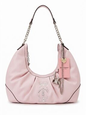 🎀JUICY COUTURE~Juicy Crown Hobo Purse Bag Chiffon Pink With RING Charm Chain